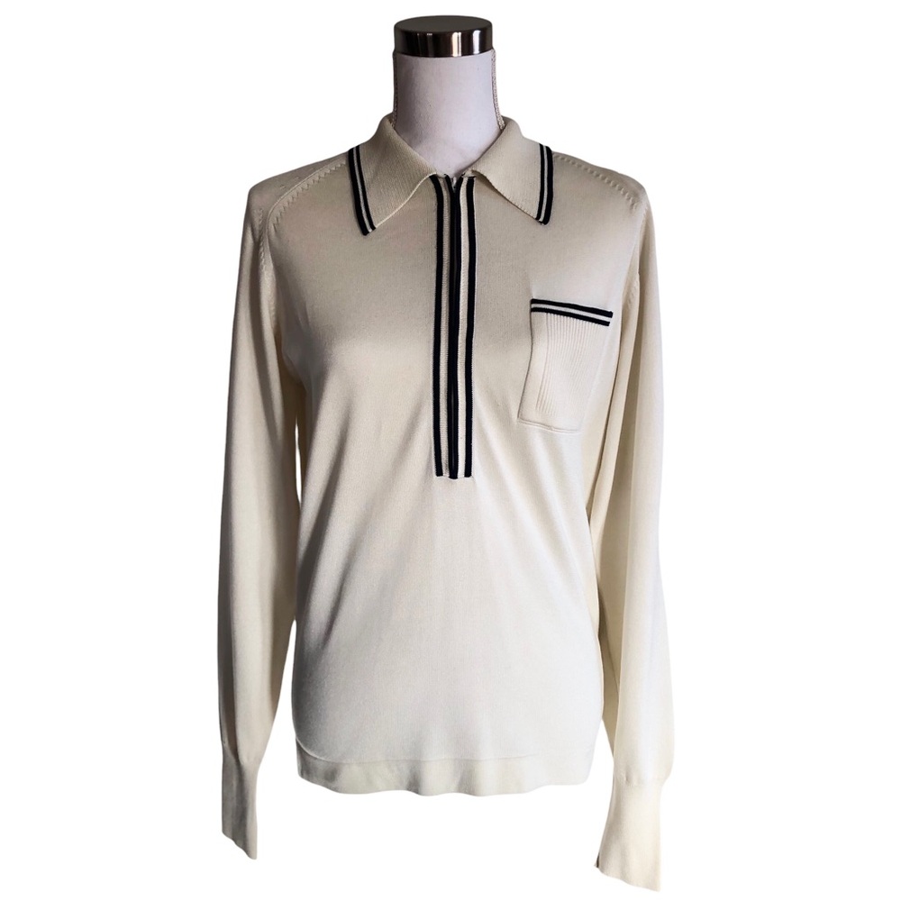 VINTAGE 70s Full Fashioned Off White Navy Collared Half Zip Long Sleeve Shirt M